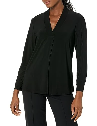 Women's Long Sleeve Button Cuff V Neck Top, Asphalt, XS