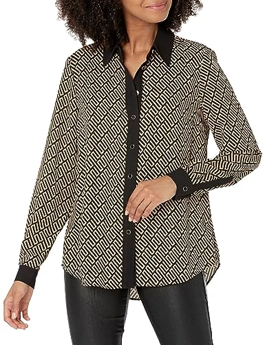 Women's Long Sleeve Button Down Blouse, Black/Brown, XS