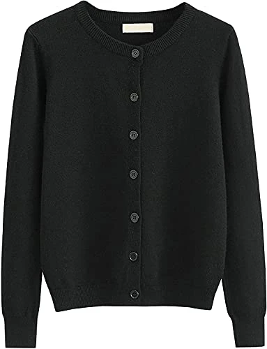 Women's Long Sleeve Button Down Crew Neck Classic Sweater Knit Cardigan Black