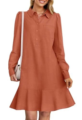 Women's Long Sleeve Button Down Shirt Dress Ruffle Flowy Casual Tunic Shift Mini Dresses, Caramel, S