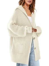 Women's Long Sleeve Button Lapel Cardigan Sweater Oversized Chunky Knit Slouchy Outerwear, Beige, Small Women's Long Sleeve Button Lapel Cardigan Sweater Oversized Chunky Knit Slouchy Outerwear, Beige, Small