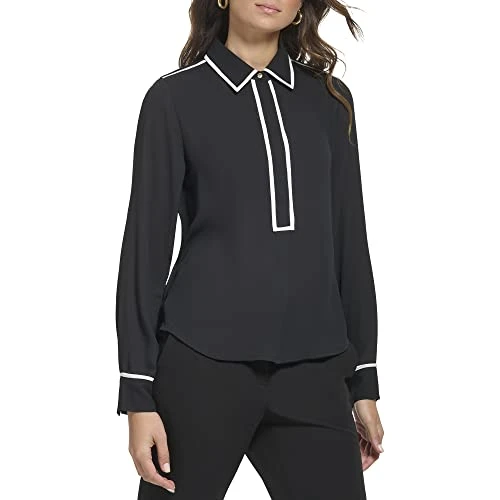 Women's Long Sleeve Button Up Blouse Contrast Trim Sportswear Shirts, Black/Ivory, L