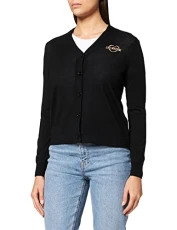 Women's Long Sleeve Cardigan 100% Pure Virgin Wool with Gold Heart Intarsia on Front Jacket, Black, 12
