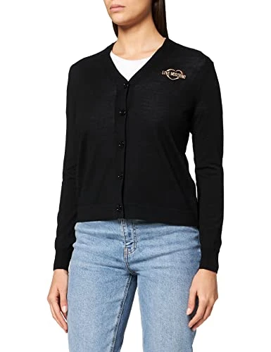 Women's Long Sleeve Cardigan 100% Pure Virgin Wool with Gold Heart Intarsia on Front Jacket, Black, 12