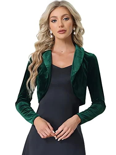 Women's Long Sleeve Cardigan Velvet Open Front Cropped Bolero Shrug Dark Green M(12)