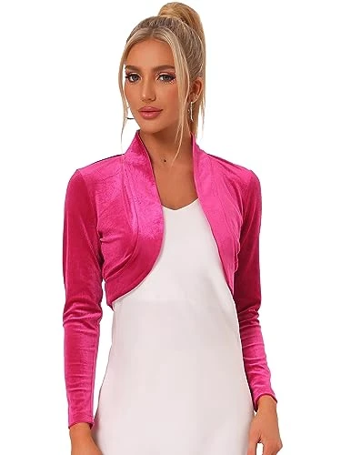 Women's Long Sleeve Cardigan Velvet Open Front Cropped Bolero Shrug Hot Pink M