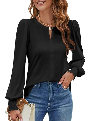 Womens Long Sleeve Casual Tops Chiffon Blouse Puff Sleeve T-Shirts Keyhole V Neck Shirts Black