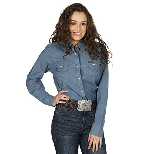 Women's Long Sleeve Chambray Snap Front Western Shirt Blouse, Chambray, XS UK