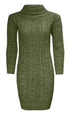 Womens Long Sleeve Chunky Cable Knitted Jumper Ladies Polo Neck Stretch Midi Top Khaki Medium/Large UK 12-14