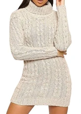 Womens Long Sleeve Chunky Cable Knitted Jumper Ladies Polo Neck Stretch Midi Top Stone X Large UK 16-18