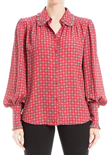 Women's Long Sleeve Collar Button Down Blouse, Red Med Flourishing Geo, Medium