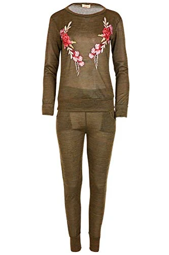 Womens Long Sleeve Crew Neck Knitted Floral Pattern Sweatshirt Tracksuit