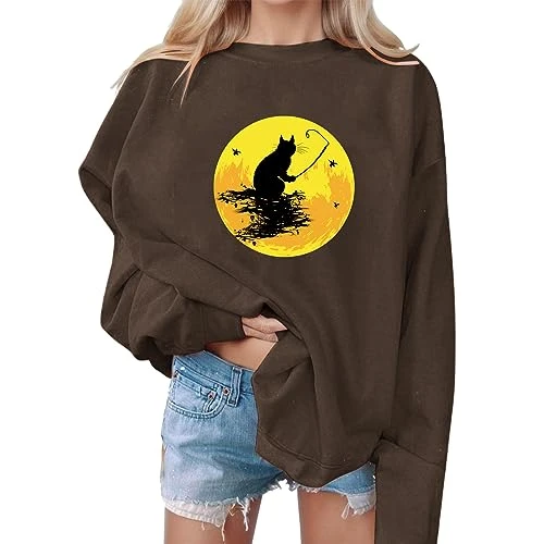 Women's Long Sleeve Crew Neck Loose Casual Hoodie Tops Hoodie, coffee, L