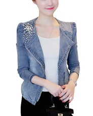 Women's Long Sleeve Denim Jacket Blazer Casual Slim Zipper Short Jeans Coat Outwear GreyWhite XL