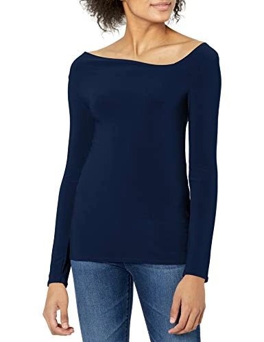 Women's Long Sleeve Drape Neck Top Blouse, Navy, Large Petite