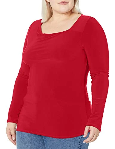 Women's Long Sleeve Drape Neck Top Blouse, red, XL