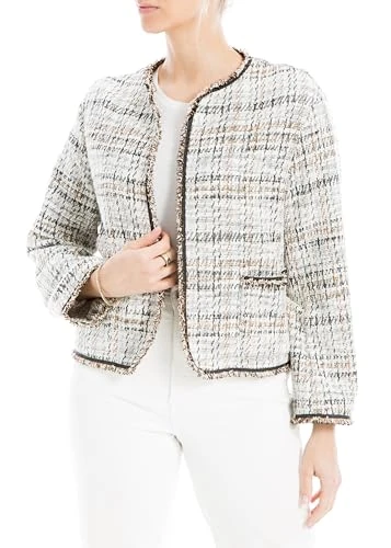 Women's Long Sleeve Elegant Tweed Cropped Short Jacket w/Pocket, White, XL