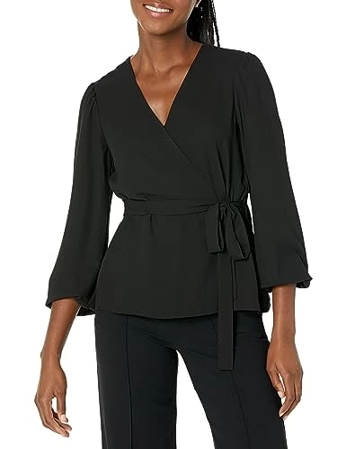 Women's Long Sleeve Faux Wrap Blouse, Asphalt, M