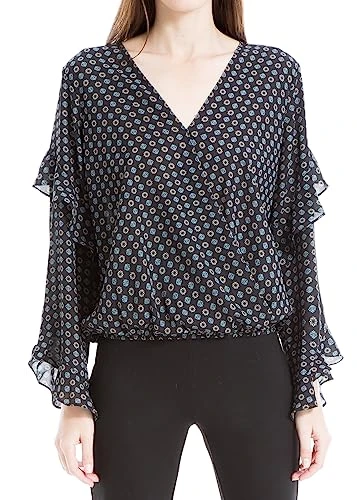 Women's Long Sleeve Faux Wrap Blouse, Black/Teal Flourishing Geo, S