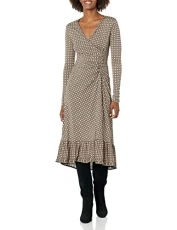 Women's Long Sleeve Faux Wrap Dress, Black/Sepia Daisy Cube, XS