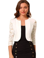 Women's Long Sleeve Floral Lace Shrug Open Front Business Office Bolero Cardigan White L-16