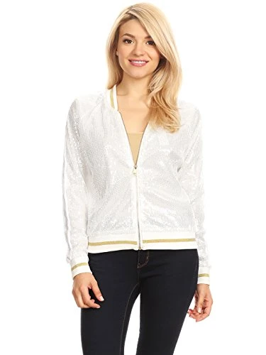 Womens Long Sleeve Front Zip Track Stripe Sequin Bomber Jacket, White, Large