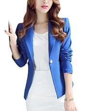 Womens Long Sleeve Jacket Outwear Lapel One Button Short Casual Office Blazer Suit Blue XS