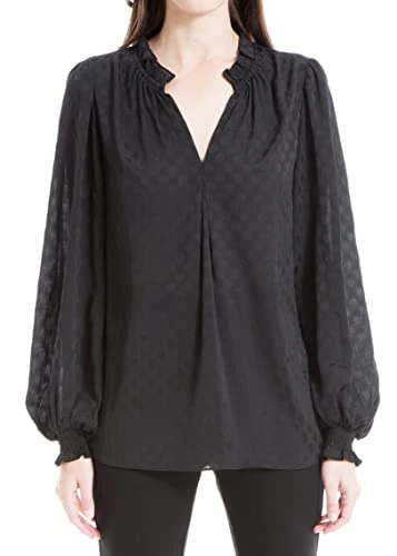 Women's Long Sleeve Jacquard Shine Dot Blouse, Black, XS