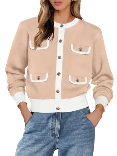 Women's Long Sleeve Knit Cardigan Sweaters Crew Neck Button Color Block Fall Outerwear Jacket, Apricot, M