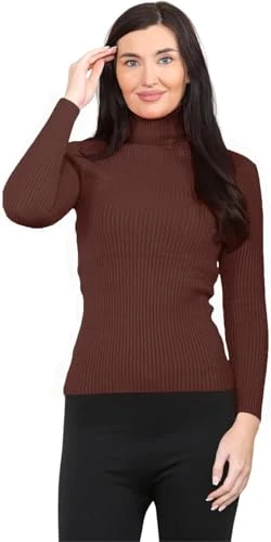 Womens Long Sleeve Knitted Polo Roll Neck Jumpers Ladies Lightweight Ribbed Turtle Neck Sweater Warm Winter Stretch Mock Neck Pullover Top Brown 12-14