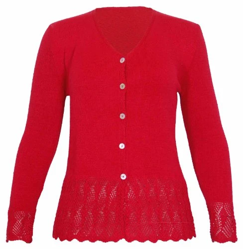Womens Long Sleeve Ladies Front Button Knitted Sweater V Shaped Neck Scallop Crochet Cardigan Top Plus Size Red Size 14-16 (S/M)