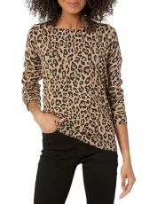 Women's Long-Sleeve Lightweight Crewneck Jumper (Available in Plus Size), Camel Cheetah, S Women's Long-Sleeve Lightweight Crewneck Jumper (Available in Plus Size), Camel Cheetah, S
