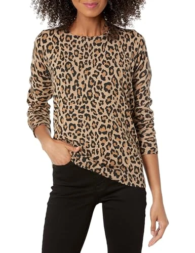 Women's Long-Sleeve Lightweight Crewneck Jumper (Available in Plus Size), Camel Cheetah, S