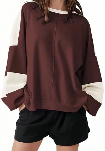 Women's Long Sleeve Loose Stitching Two-Tone Sweatshirt Crew Neck Pullover Long Sleeve Tops, darkred