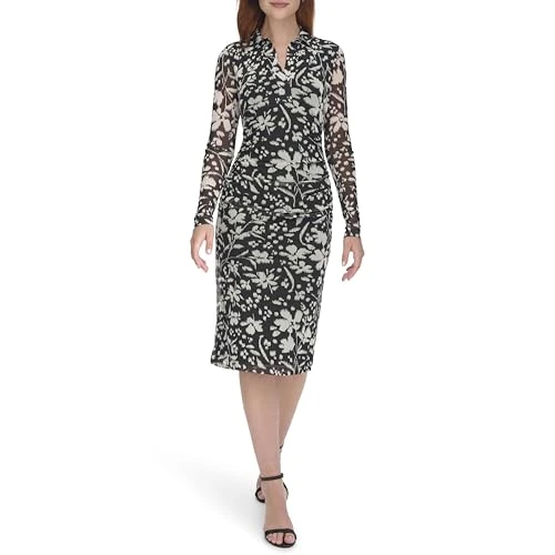 Women's Long Sleeve Mesh Side Ruched Dress, Black/Pearl, 14