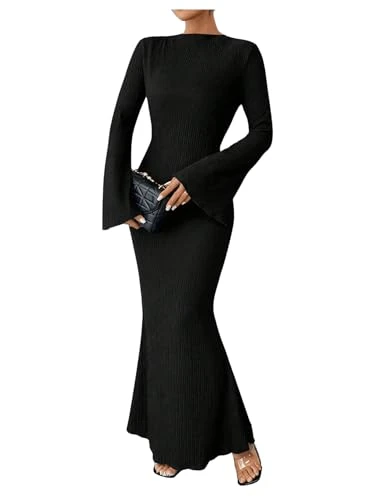 Women's Long Sleeve Mock Neck Maxi Dresses Knitted Bodycon Fishtail Cocktail Dress Black M