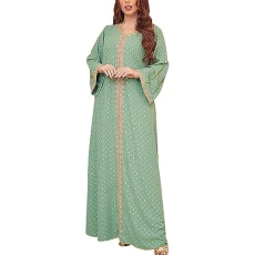 Women's Long Sleeve Nightdress Large Sizes Women's Nightwear with V-Neck, Colour Block, Polka Dot Print, Long Sleeves, Long Muslim Sleepwear with Gold Foil, Hospital Nightdress Women, Green, S