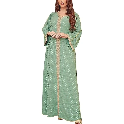 Women's Long Sleeve Nightdress Large Sizes Women's Nightwear with V-Neck, Colour Block, Polka Dot Print, Long Sleeves, Long Muslim Sleepwear with Gold Foil, Hospital Nightdress Women, Green, S