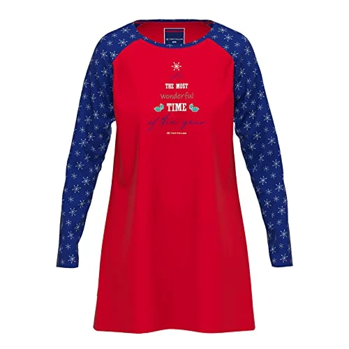 Women's Long Sleeve Nightdress - Sleep Shirt, Round Neck, X-Mas Print, Blue-dark all-over, 38