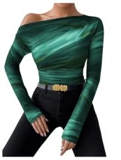Women's Long Sleeve Off The Shoulder Crop Tops Going Out Slim Fit Y2K T Shirts Green L