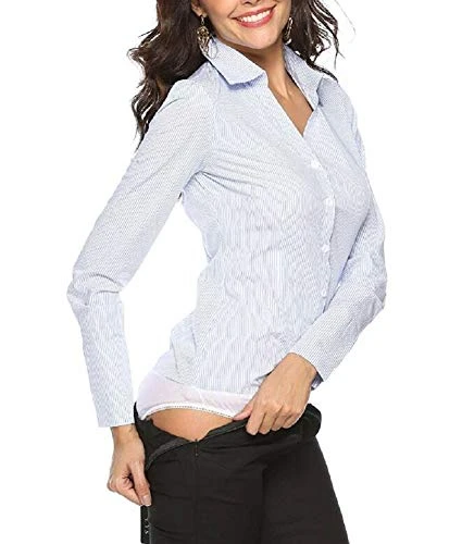 Women's Long Sleeve Office Lady Easy Care Work Bodysuit Shirt Blouse (UK 10, pinstripe)