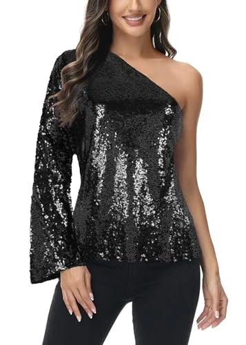 Women's Long Sleeve One Shoulder Sequin Party Top Blouse Sparkly Shirts, Black, X-Large