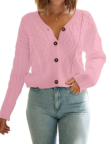 Women's Long Sleeve Open Front Cable Knit Crop Cardigans V Neck Button Sweaters with Pockets, Pink, M