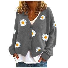 Women's Long Sleeve Open Front Cardigans Women Warm Sweater Tops Coat Cardigans Daisy Printing Long Sleeve Sweatshirt V-Neck Cropped Elegant Sweater Top Women Sweater Work (Grey, XXL)