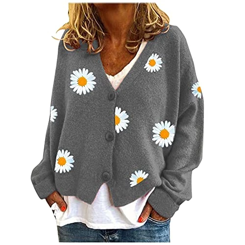 Women's Long Sleeve Open Front Cardigans Women Warm Sweater Tops Coat Cardigans Daisy Printing Long Sleeve Sweatshirt V-Neck Cropped Elegant Sweater Top Women Sweater Work (Grey, XXL)