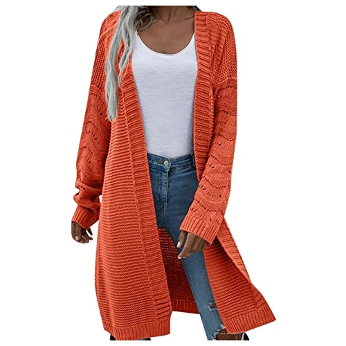 Women's Long Sleeve Open Front Cardigans Women's Cardigan Mid Length Style Cardigan Sweater Coat Autumn and Winter Womens Button up Sweaters (Orange, XL)
