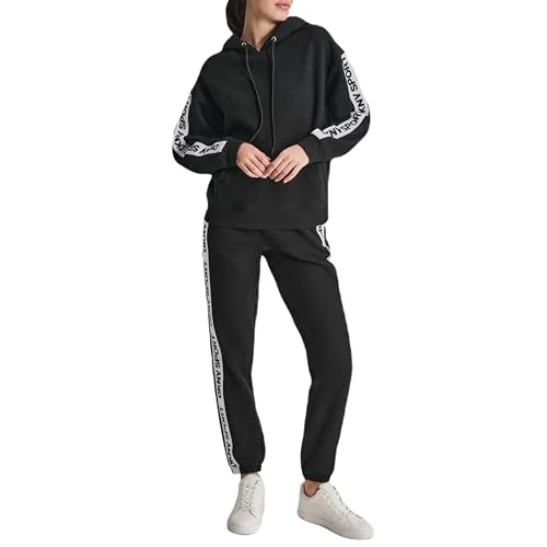 Women's Long Sleeve Oversized Logo Tape Fleece Hoodie Sweatshirt, Black, Large