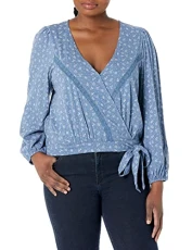 Women's Long Sleeve Printed Surplice Wrap Top Dress Shirt, Blue Multi, Small Women's Long Sleeve Printed Surplice Wrap Top Dress Shirt, Blue Multi, Small