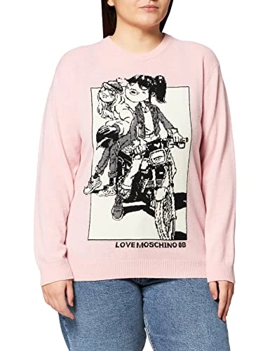 Women's Long Sleeve Pullover in Carded Wool Dolls Intarsia, Pink, 12