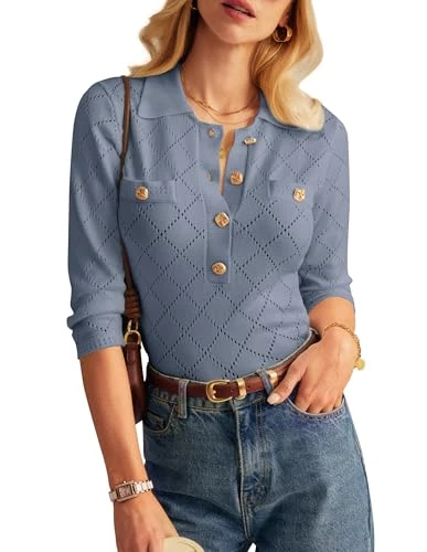 Women's Long Sleeve Pullover Sweater Polo Collar Lightweight Pullover Daily Winter Stretch Crochet Vest Gray Blue S